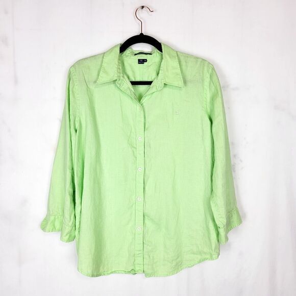 Chaps Lime Green 100% Linen Button Down 3/4 Sleeve Shirt - Picture 1 of 5